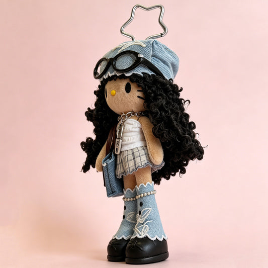 Y2K Denim Curly Hair Doll Bag Charm Plush Keychain