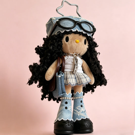 Y2K Denim Curly Hair Doll Bag Charm Plush Keychain